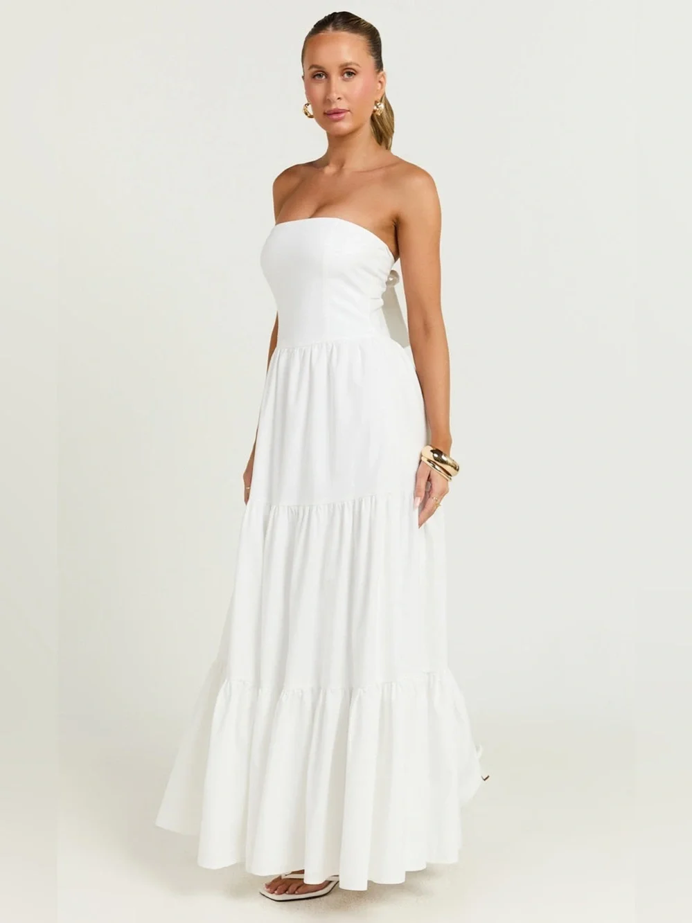 SHOWPO Trish Strapless Tiered Maxi Dress In White - Picture 2 of 7